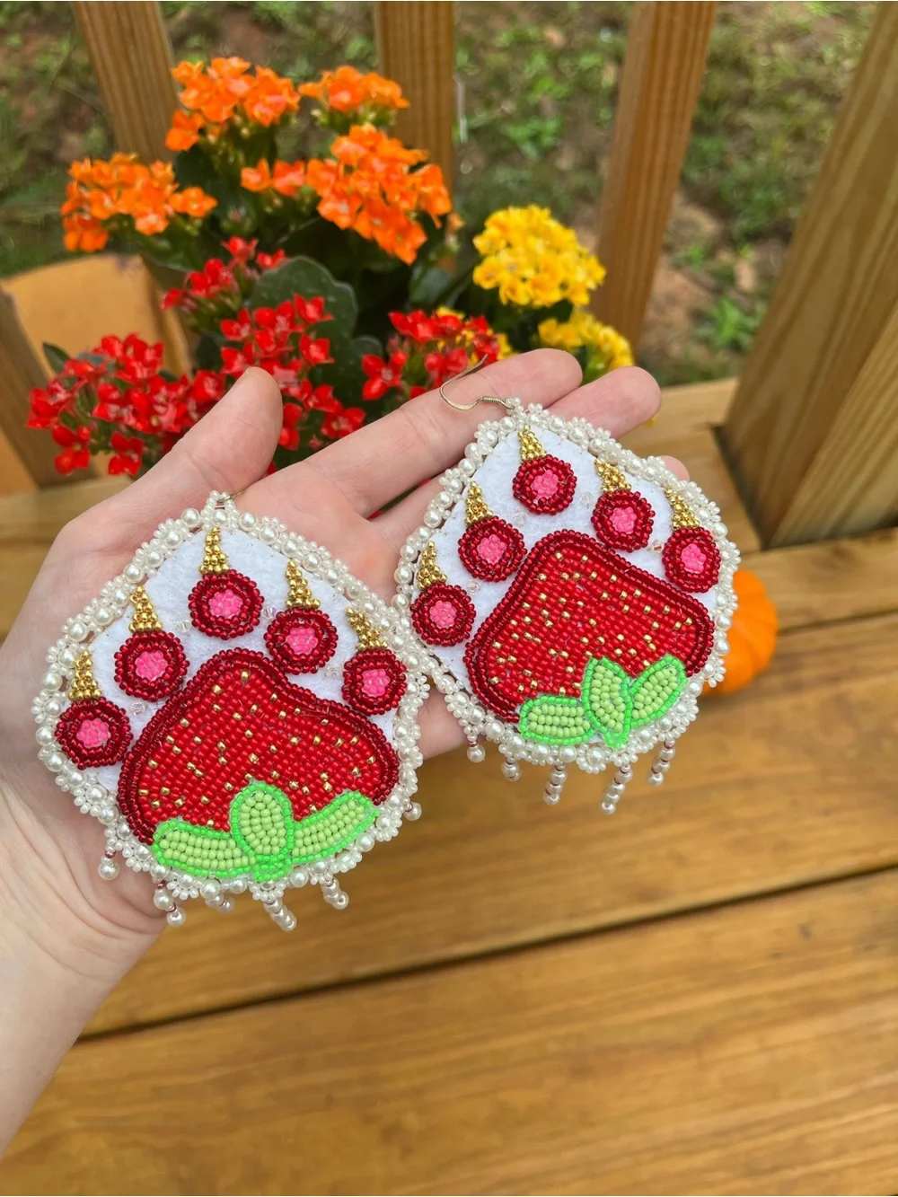 Earrings, Red Strawberry Paws, Hand Sewn